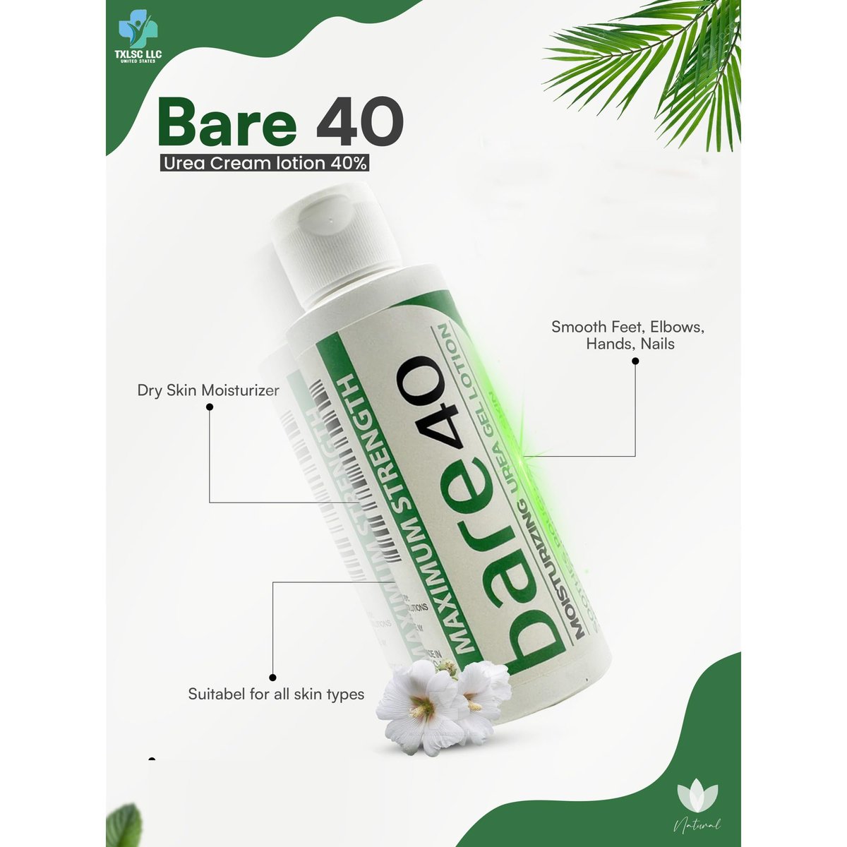 Professional Bare 40 Pro Lotion with 40% Urea Cream – Hydrating & Exfoliating for Dry, Rough Skin – Enriched with Tea Tree Oil, Aloe Vera & Jojoba Beads Avelisse