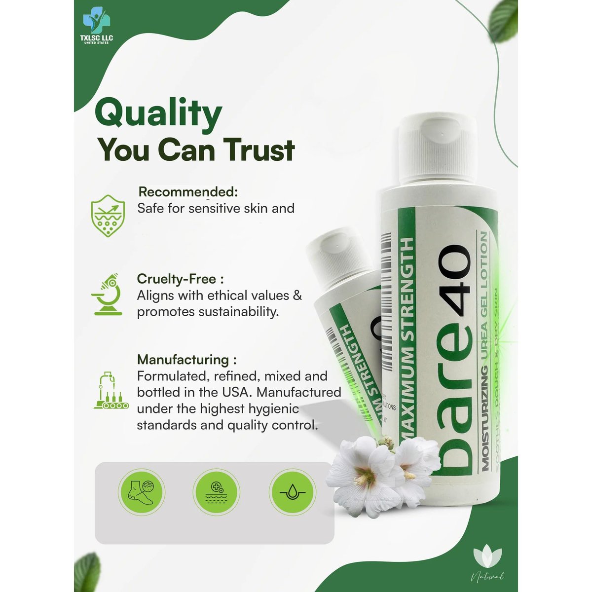 Professional Bare 40 Pro Lotion with 40% Urea Cream – Hydrating & Exfoliating for Dry, Rough Skin – Enriched with Tea Tree Oil, Aloe Vera & Jojoba Beads Avelisse