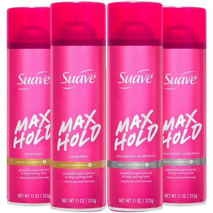 Suave Max Hold Hairspray Variety 4-Pack: Scented & Unscented, 11 Oz Each Avelisse