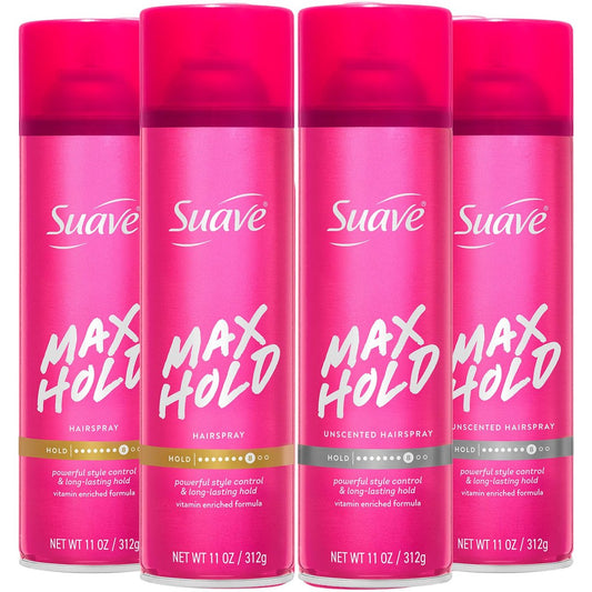 Suave Max Hold Hairspray Variety 4-Pack: Scented & Unscented, 11 Oz Each Avelisse