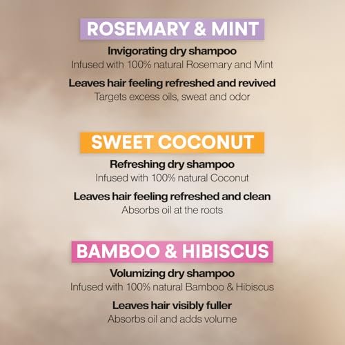 Suave Dry Shampoo Variety 3-Pack – Invigorating Rosemary & Mint, Volumizing Bamboo & Hibiscus, Refreshing Sweet Coconut, 4.3 Oz Each Avelisse
