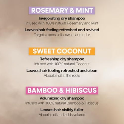 Suave Dry Shampoo Variety 3-Pack – Invigorating Rosemary & Mint, Volumizing Bamboo & Hibiscus, Refreshing Sweet Coconut, 4.3 Oz Each Avelisse