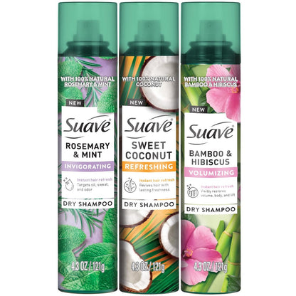 Suave Dry Shampoo Variety 3-Pack – Invigorating Rosemary & Mint, Volumizing Bamboo & Hibiscus, Refreshing Sweet Coconut, 4.3 Oz Each Avelisse