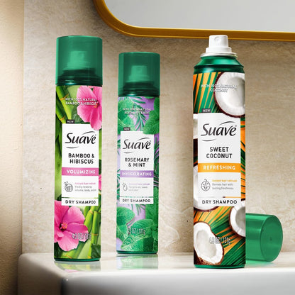 Suave Dry Shampoo Variety 3-Pack – Invigorating Rosemary & Mint, Volumizing Bamboo & Hibiscus, Refreshing Sweet Coconut, 4.3 Oz Each Avelisse