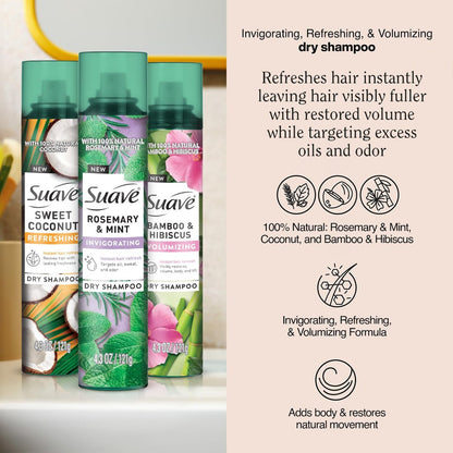 Suave Dry Shampoo Variety 3-Pack – Invigorating Rosemary & Mint, Volumizing Bamboo & Hibiscus, Refreshing Sweet Coconut, 4.3 Oz Each Avelisse