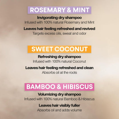Suave Dry Shampoo Variety 3-Pack – Invigorating Rosemary & Mint, Volumizing Bamboo & Hibiscus, Refreshing Sweet Coconut, 4.3 Oz Each Avelisse