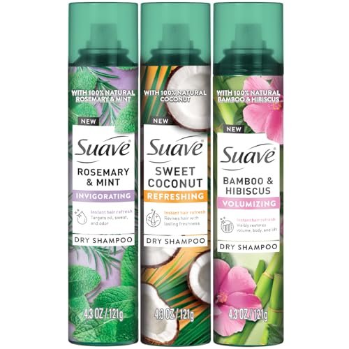 Suave Dry Shampoo Variety 3-Pack – Invigorating Rosemary & Mint, Volumizing Bamboo & Hibiscus, Refreshing Sweet Coconut, 4.3 Oz Each Avelisse