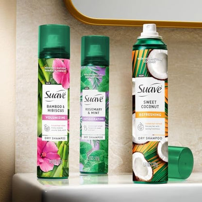 Suave Dry Shampoo Variety 3-Pack – Invigorating Rosemary & Mint, Volumizing Bamboo & Hibiscus, Refreshing Sweet Coconut, 4.3 Oz Each Avelisse
