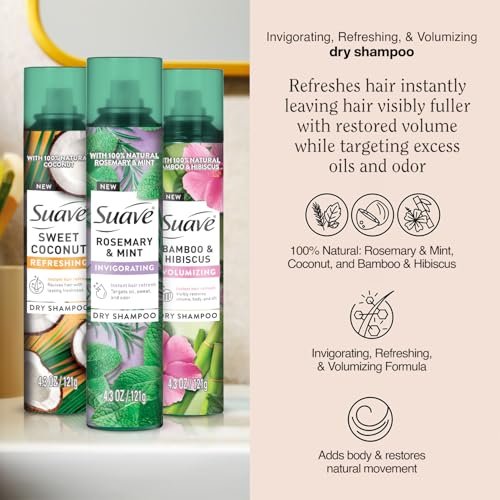 Suave Dry Shampoo Variety 3-Pack – Invigorating Rosemary & Mint, Volumizing Bamboo & Hibiscus, Refreshing Sweet Coconut, 4.3 Oz Each Avelisse