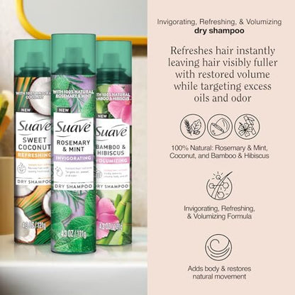 Suave Dry Shampoo Variety 3-Pack – Invigorating Rosemary & Mint, Volumizing Bamboo & Hibiscus, Refreshing Sweet Coconut, 4.3 Oz Each Avelisse