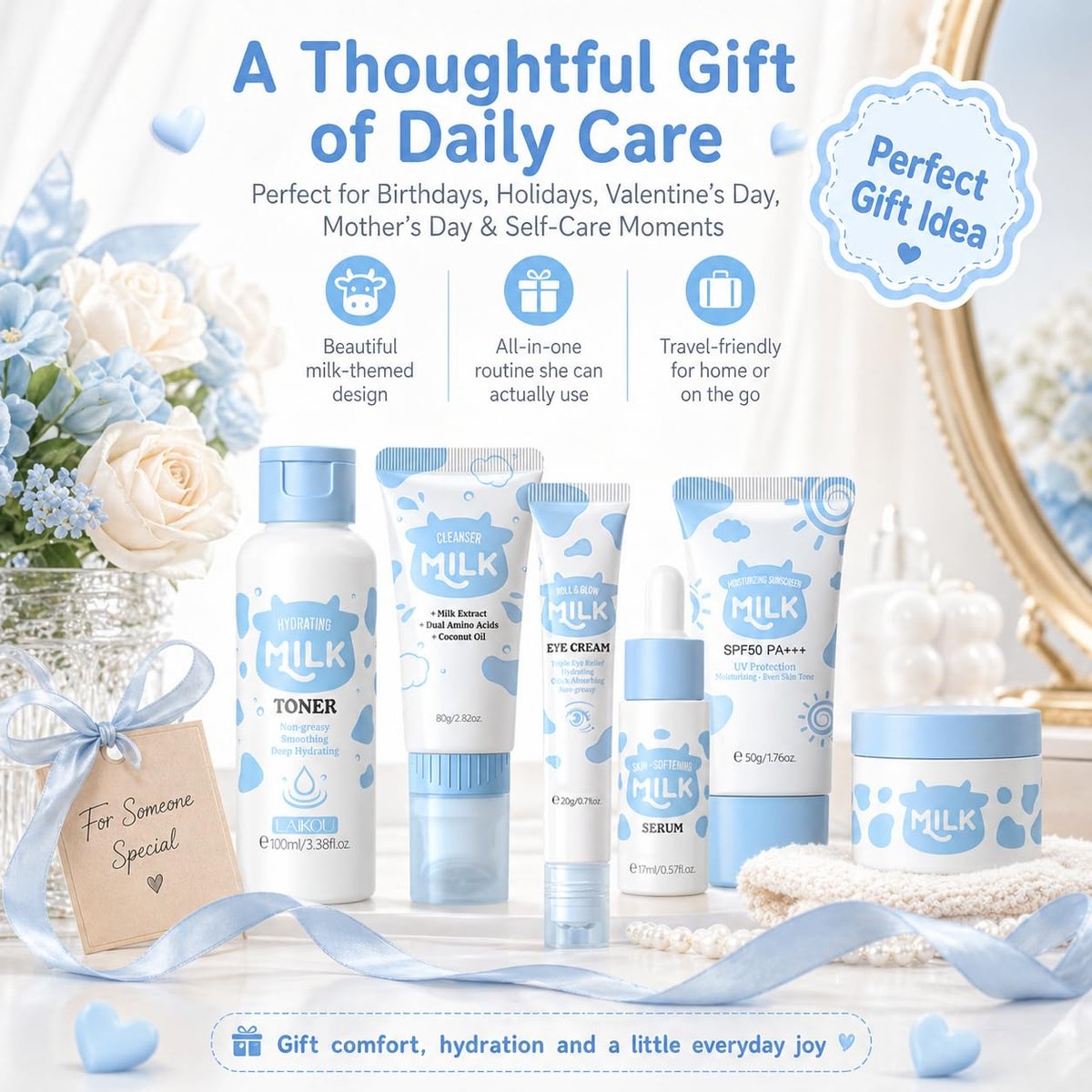 Milk Skincare Set for Women & Girls – Hydrating Skin Care for Teens 10-12, Complete Gift Set for Kids, Self Care Beauty Gift for Her, Mothers Day Gifts Set Avelisse