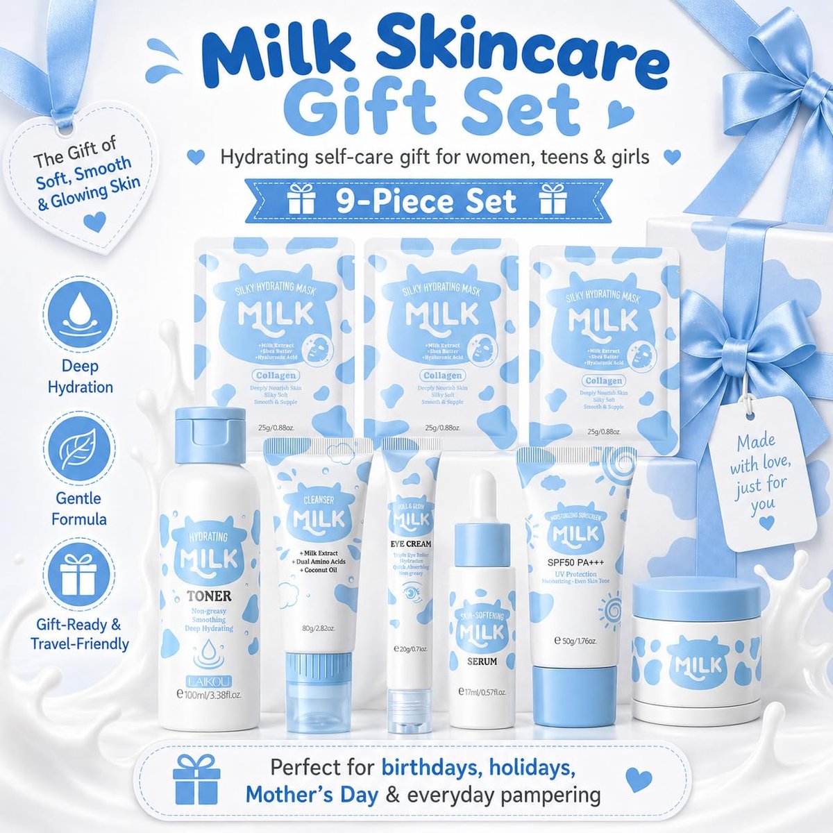 Milk Skincare Set for Women & Girls – Hydrating Skin Care for Teens 10-12, Complete Gift Set for Kids, Self Care Beauty Gift for Her, Mothers Day Gifts Set Avelisse