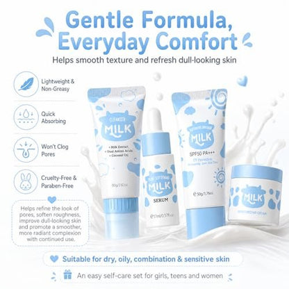 Milk Skincare Set for Women & Girls – Hydrating Skin Care for Teens 10-12, Complete Gift Set for Kids, Self Care Beauty Gift for Her, Mothers Day Gifts Set Avelisse