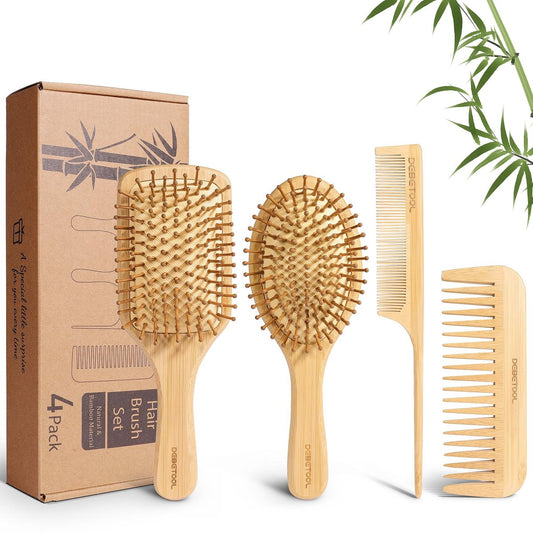 DEBETOOL Bamboo Hair Brush and Comb Set – Natural Wooden & Bamboo Brush for Hair Growth with Wide-Tooth Tail Comb, Ergonomic Design for Thick, Thin, Curly, Dry Hair – Wooden Comb for Women Gift Kit