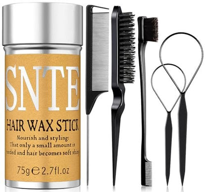 Hair Wax Stick & Slick Back Hair Brush Set 6Pcs - Non-Greasy Styling Wax for Flyaways, Bun Accessories for Women, Kids & Teen Girls