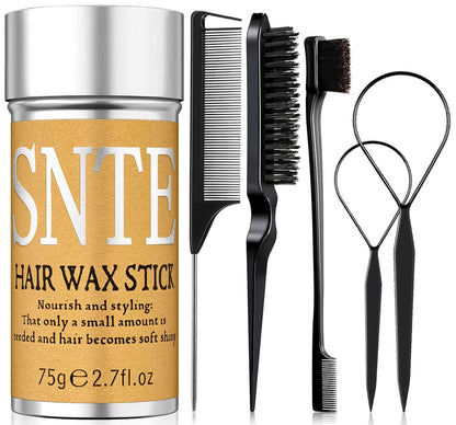 Hair Wax Stick & Slick Back Hair Brush Set 6Pcs - Non-Greasy Styling Wax for Flyaways, Bun Accessories for Women, Kids & Teen Girls
