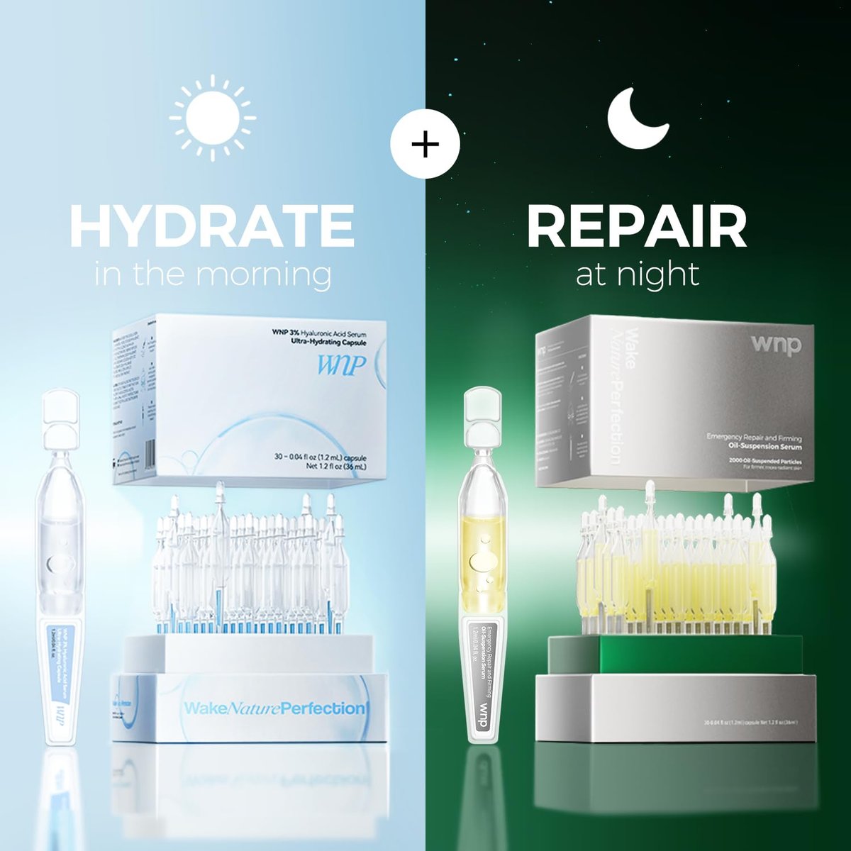 WNP Emergency Repair Serum Set: Ultra 3% Hydrating Serum with 4D Hyaluronic Acid Firming Oil-Suspension Serum - Single-Use Skincare for Sensitive Skin - 60 Vials Avelisse