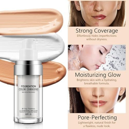 2 Pack Color Changing Foundation - Lightweight Medium Coverage Liquid Makeup Conceals Blemishes & Freckles for All Skin Types, 30ml Each