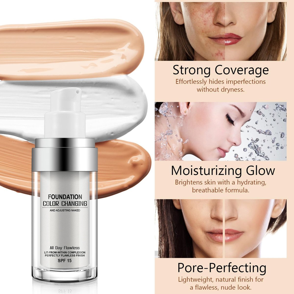 2 Pack Color Changing Foundation - Lightweight Medium Coverage Liquid Makeup Conceals Blemishes & Freckles for All Skin Types, 30ml Each - görsel 3