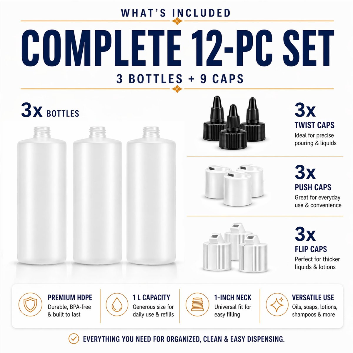 Bar5F 33.8oz 3-Pack Large HDPE Plastic Bottles with 9 Caps in 3 Styles | Pump, Squeeze, Squirt | Shampoo, Conditioner, Condiments, Ketchup, Bleach, Cleaners, Alcohol, Food Safe | BPA-Free, 1 Liter Avelisse