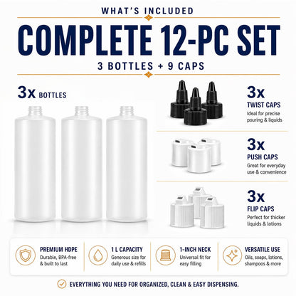 Bar5F 33.8oz 3-Pack Large HDPE Plastic Bottles with 9 Caps in 3 Styles | Pump, Squeeze, Squirt | Shampoo, Conditioner, Condiments, Ketchup, Bleach, Cleaners, Alcohol, Food Safe | BPA-Free, 1 Liter Avelisse
