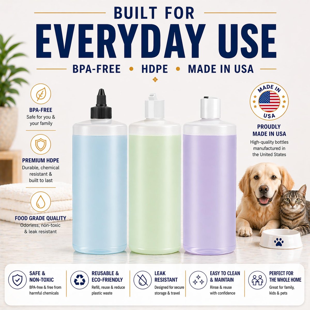 Bar5F 33.8oz 3-Pack Large HDPE Plastic Bottles with 9 Caps in 3 Styles | Pump, Squeeze, Squirt | Shampoo, Conditioner, Condiments, Ketchup, Bleach, Cleaners, Alcohol, Food Safe | BPA-Free, 1 Liter Avelisse