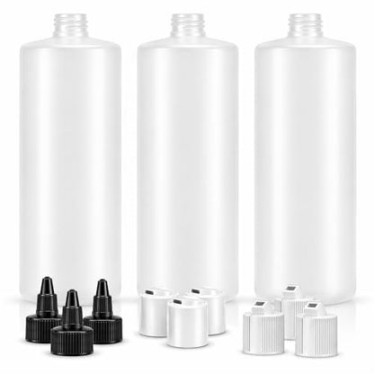 Bar5F 33.8oz 3-Pack Large HDPE Plastic Bottles with 9 Caps in 3 Styles | Pump, Squeeze, Squirt | Shampoo, Conditioner, Condiments, Ketchup, Bleach, Cleaners, Alcohol, Food Safe | BPA-Free, 1 Liter Avelisse