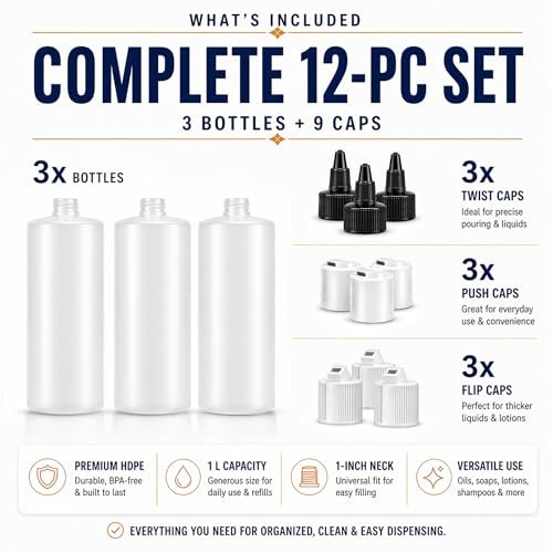 Bar5F 33.8oz 3-Pack Large HDPE Plastic Bottles with 9 Caps in 3 Styles | Pump, Squeeze, Squirt | Shampoo, Conditioner, Condiments, Ketchup, Bleach, Cleaners, Alcohol, Food Safe | BPA-Free, 1 Liter Avelisse