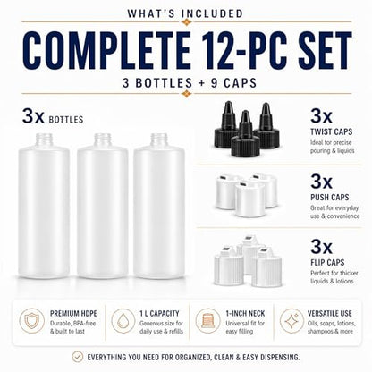 Bar5F 33.8oz 3-Pack Large HDPE Plastic Bottles with 9 Caps in 3 Styles | Pump, Squeeze, Squirt | Shampoo, Conditioner, Condiments, Ketchup, Bleach, Cleaners, Alcohol, Food Safe | BPA-Free, 1 Liter Avelisse