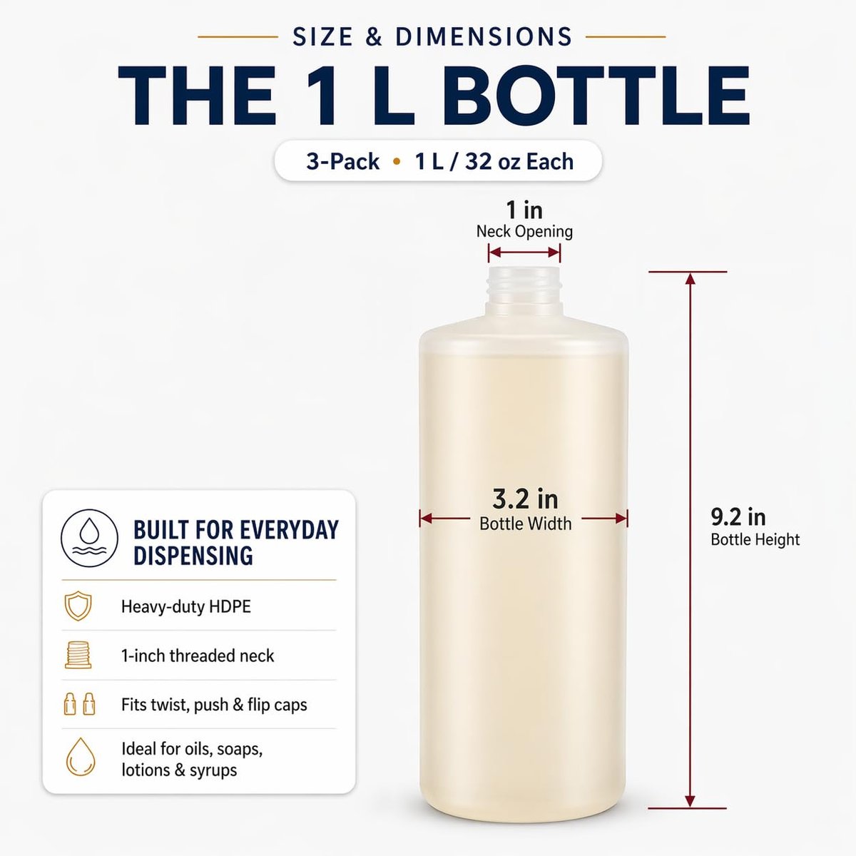 Bar5F 33.8oz 3-Pack Large HDPE Plastic Bottles with 9 Caps in 3 Styles | Pump, Squeeze, Squirt | Shampoo, Conditioner, Condiments, Ketchup, Bleach, Cleaners, Alcohol, Food Safe | BPA-Free, 1 Liter Avelisse