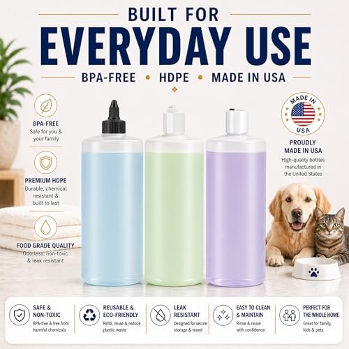 Bar5F 33.8oz 3-Pack Large HDPE Plastic Bottles with 9 Caps in 3 Styles | Pump, Squeeze, Squirt | Shampoo, Conditioner, Condiments, Ketchup, Bleach, Cleaners, Alcohol, Food Safe | BPA-Free, 1 Liter Avelisse