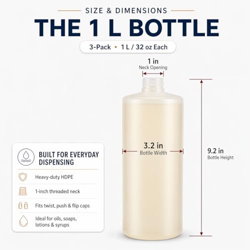 Bar5F 33.8oz 3-Pack Large HDPE Plastic Bottles with 9 Caps in 3 Styles | Pump, Squeeze, Squirt | Shampoo, Conditioner, Condiments, Ketchup, Bleach, Cleaners, Alcohol, Food Safe | BPA-Free, 1 Liter Avelisse