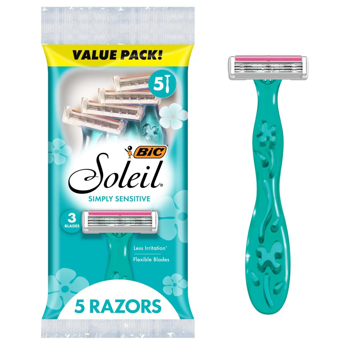 BIC Soleil 3 Simply Women's Disposable 3 Blade Razors, Moisture Strip and Floral Handles, 5-Pack - görsel 1