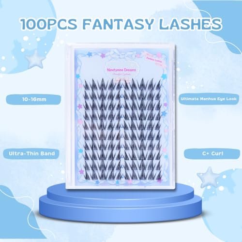 Ninetynine Dreams 100PCs Fantasy Lashes Manhua Anime DIY Spiky Lash Clusters 10-16mm C+ Curl – Lightweight, Reusable, Waterproof Individual Eyelashes with Thin Comfortable Band Avelisse