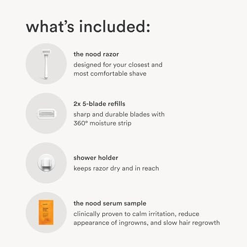 Nood Shaving Starter Kit – Premium Stainless Steel Refillable 5-Blade Razor for Women & Men, Includes Handle, 2 Cartridges & Shower Holder, Gloss White Avelisse