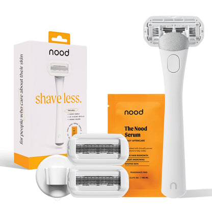Nood Shaving Starter Kit – Premium Stainless Steel Refillable 5-Blade Razor for Women & Men, Includes Handle, 2 Cartridges & Shower Holder, Gloss White Avelisse