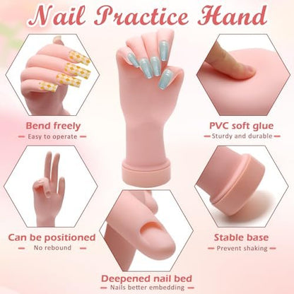 Zhaoyao Flexible Bendable Nail Practice Hand for Acrylic Nails - Silicone Manicure Training Kit with 100 Nail Tips & 192 Jelly Glues for Beginners