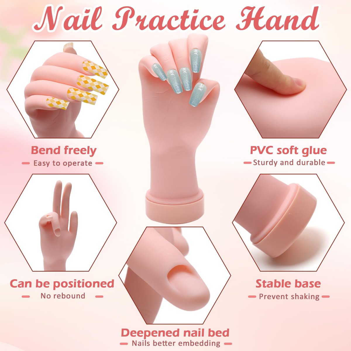 Zhaoyao Flexible Bendable Nail Practice Hand for Acrylic Nails - Silicone Manicure Training Kit with 100 Nail Tips & 192 Jelly Glues for Beginners - görsel 5