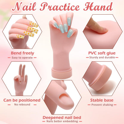 Zhaoyao Flexible Bendable Nail Practice Hand for Acrylic Nails - Silicone Manicure Training Kit with 100 Nail Tips & 192 Jelly Glues for Beginners