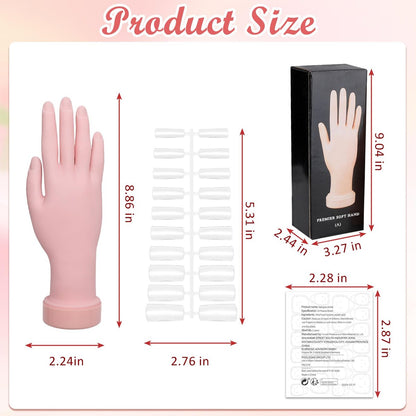 Zhaoyao Flexible Bendable Nail Practice Hand for Acrylic Nails - Silicone Manicure Training Kit with 100 Nail Tips & 192 Jelly Glues for Beginners