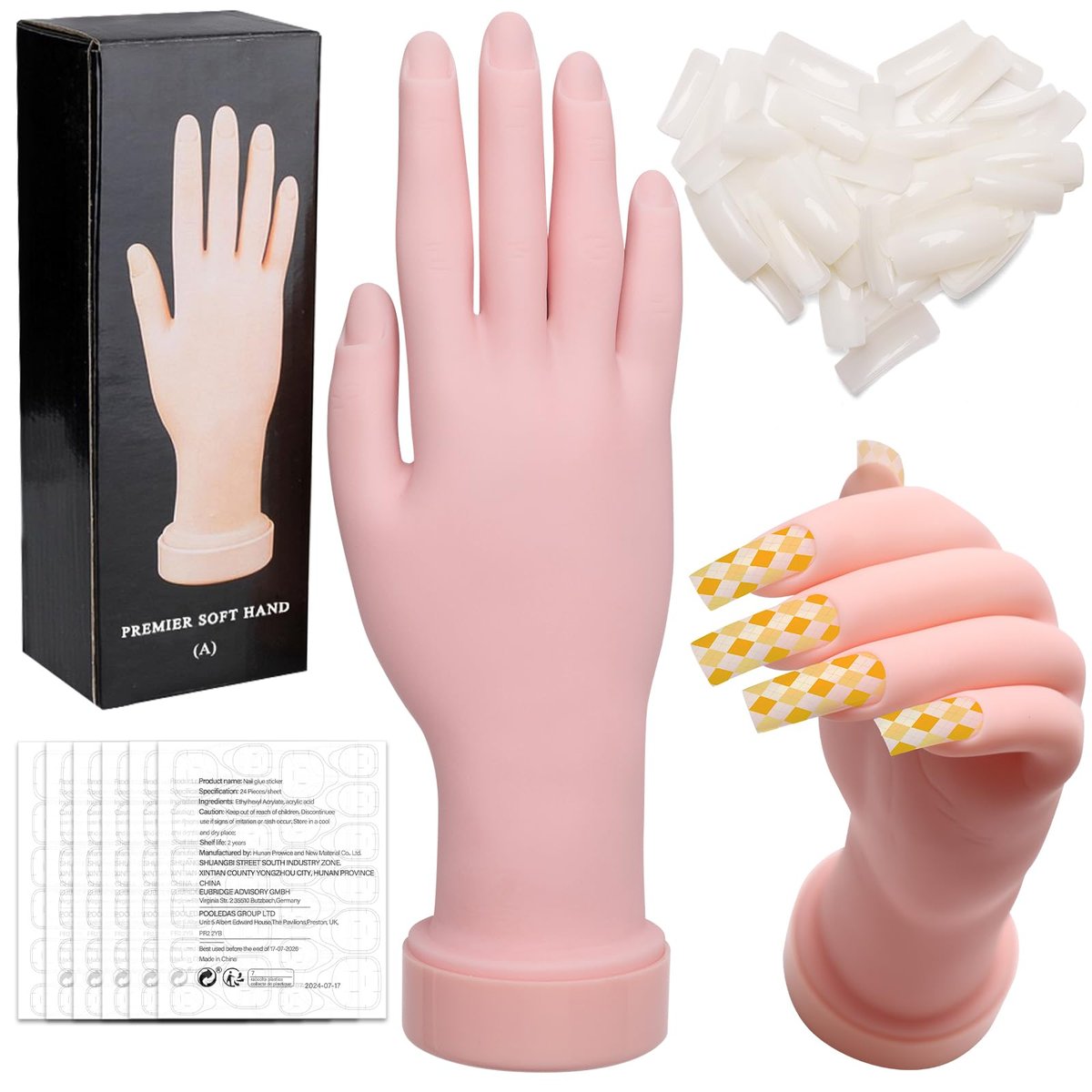 Zhaoyao Flexible Bendable Nail Practice Hand for Acrylic Nails - Silicone Manicure Training Kit with 100 Nail Tips & 192 Jelly Glues for Beginners - görsel 1