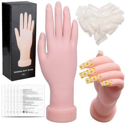 Zhaoyao Flexible Bendable Nail Practice Hand for Acrylic Nails - Silicone Manicure Training Kit with 100 Nail Tips & 192 Jelly Glues for Beginners