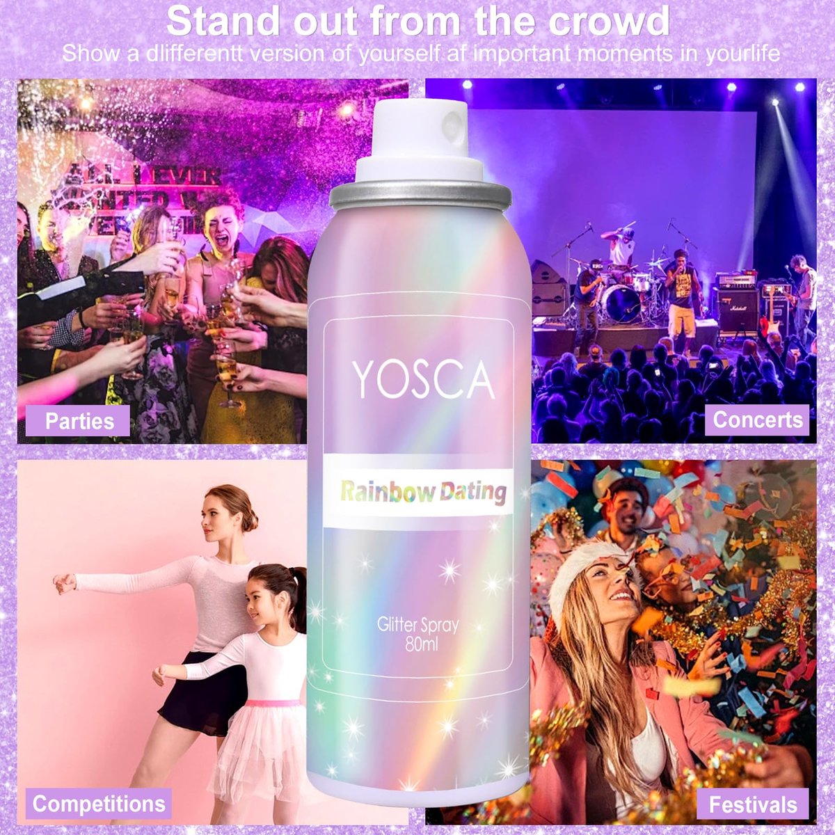 Yosca Body Glitter Spray - 80ML Holographic Silver Glitter Hairspray, Quick-Drying Long-Lasting Shiny Glitter Spray for Body, Hair, Sparkling Makeup, Festival, Concert, Party, Clothes, Rave Accessories - görsel 11