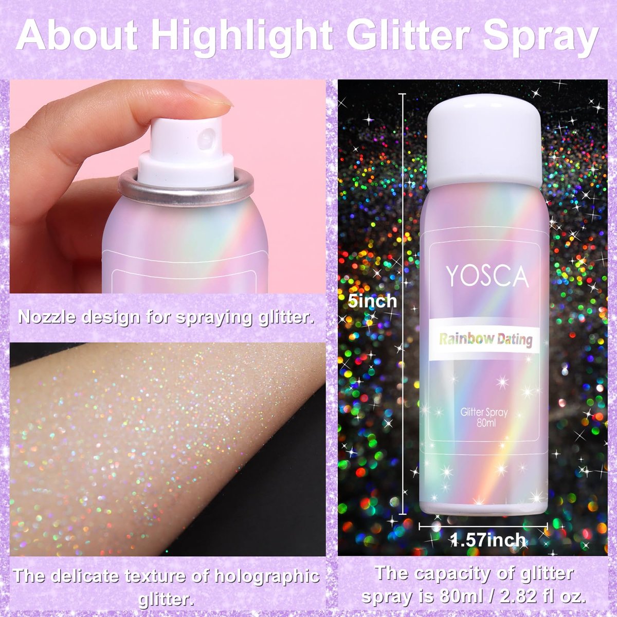 Yosca Body Glitter Spray - 80ML Holographic Silver Glitter Hairspray, Quick-Drying Long-Lasting Shiny Glitter Spray for Body, Hair, Sparkling Makeup, Festival, Concert, Party, Clothes, Rave Accessories - görsel 7