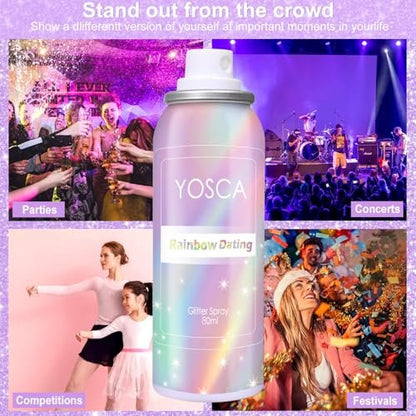 Yosca Body Glitter Spray - 80ML Holographic Silver Glitter Hairspray, Quick-Drying Long-Lasting Shiny Glitter Spray for Body, Hair, Sparkling Makeup, Festival, Concert, Party, Clothes, Rave Accessories