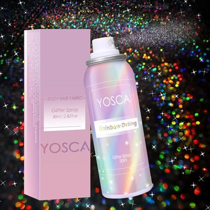 Yosca Body Glitter Spray - 80ML Holographic Silver Glitter Hairspray, Quick-Drying Long-Lasting Shiny Glitter Spray for Body, Hair, Sparkling Makeup, Festival, Concert, Party, Clothes, Rave Accessories