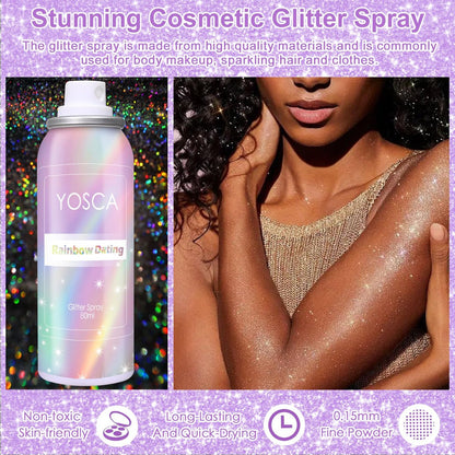 Yosca Body Glitter Spray - 80ML Holographic Silver Glitter Hairspray, Quick-Drying Long-Lasting Shiny Glitter Spray for Body, Hair, Sparkling Makeup, Festival, Concert, Party, Clothes, Rave Accessories