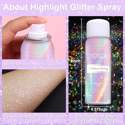 Yosca Body Glitter Spray - 80ML Holographic Silver Glitter Hairspray, Quick-Drying Long-Lasting Shiny Glitter Spray for Body, Hair, Sparkling Makeup, Festival, Concert, Party, Clothes, Rave Accessories