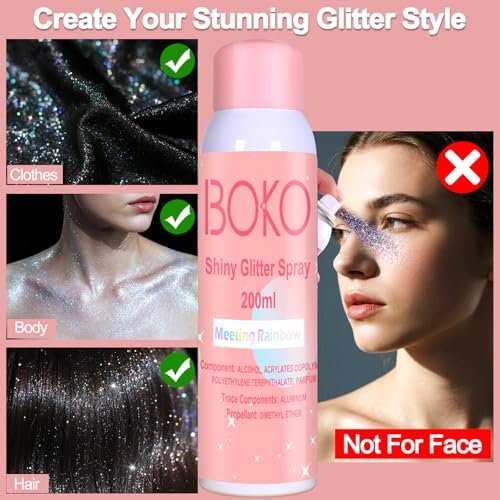 Boko Body Glitter Spray - 200ML Holographic Silver Glitter Spray for Body, Hair & Clothes - Long-Lasting Shimmer for Festivals, Parties, Concerts & Pride Makeup - Rave Accessories - görsel 10