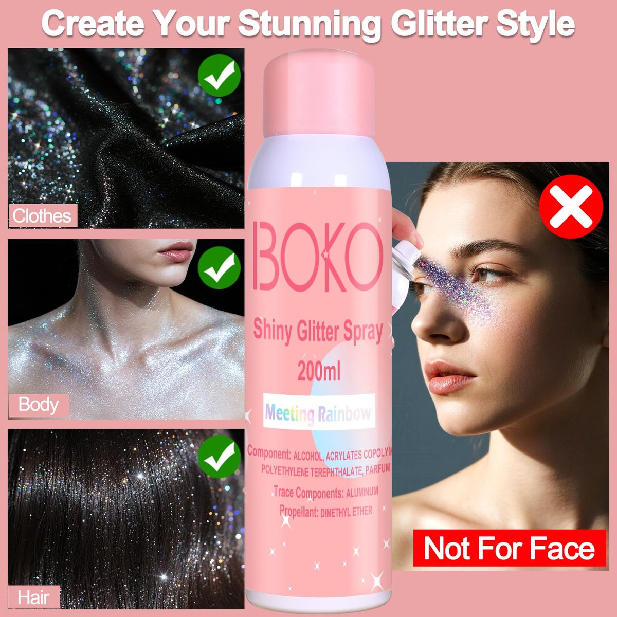 Boko Body Glitter Spray - 200ML Holographic Silver Glitter Spray for Body, Hair & Clothes - Long-Lasting Shimmer for Festivals, Parties, Concerts & Pride Makeup - Rave Accessories - görsel 9